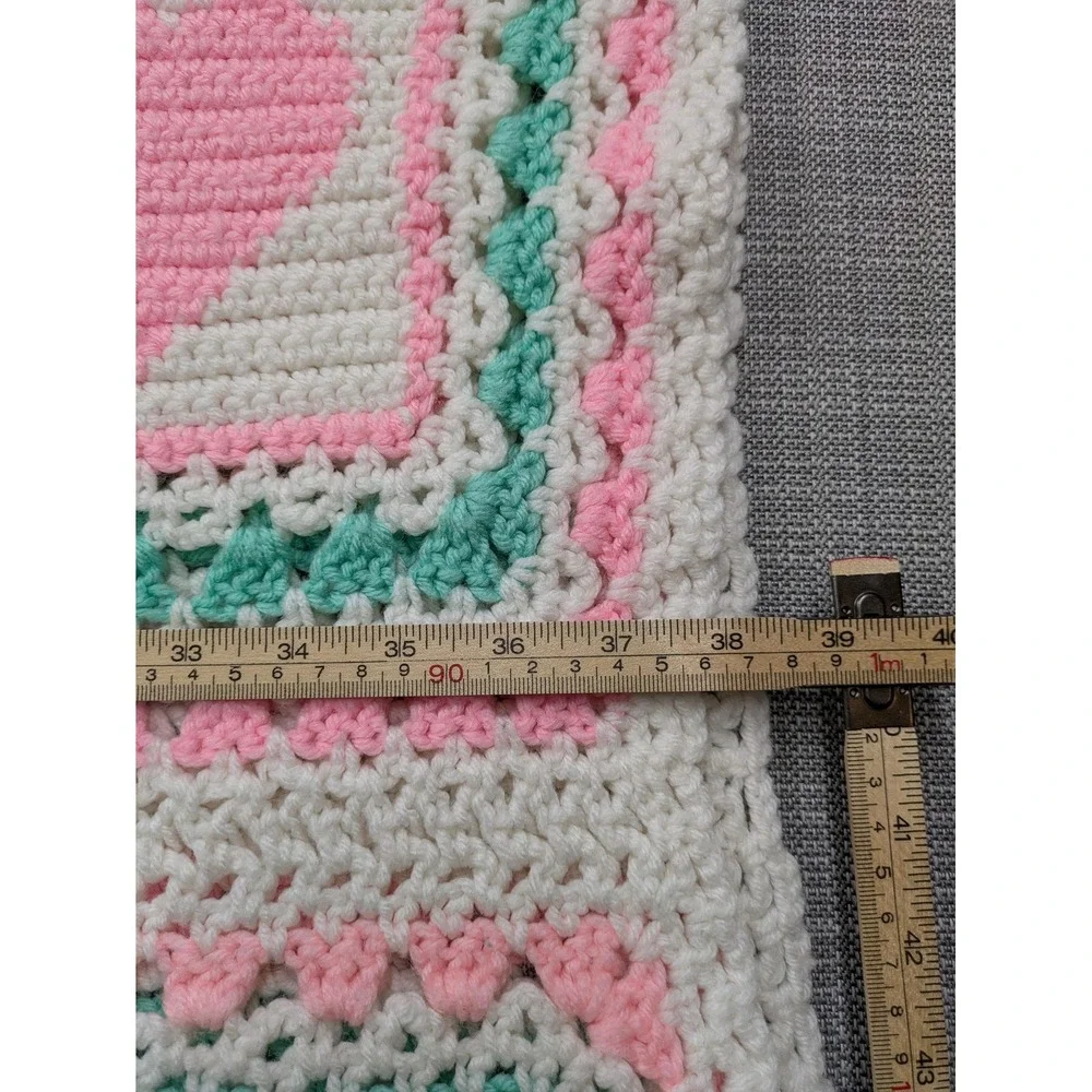 Handmade Crochet Crib Blanket Baby Girls Pink Heart Squares 38x58 Multicolor